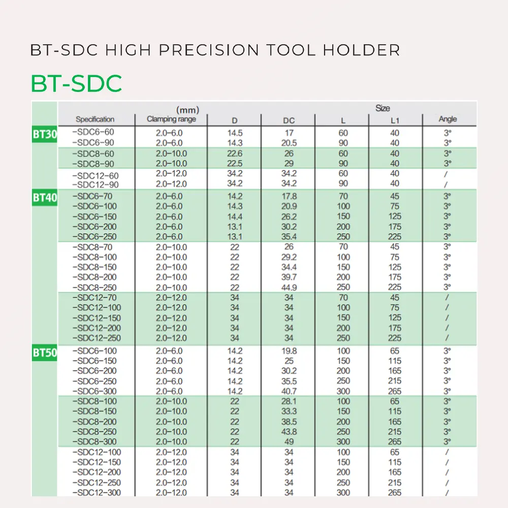 Bản vẽ kỹ thuật và kích thước bầu kẹp BT-SDC High Precision Holder