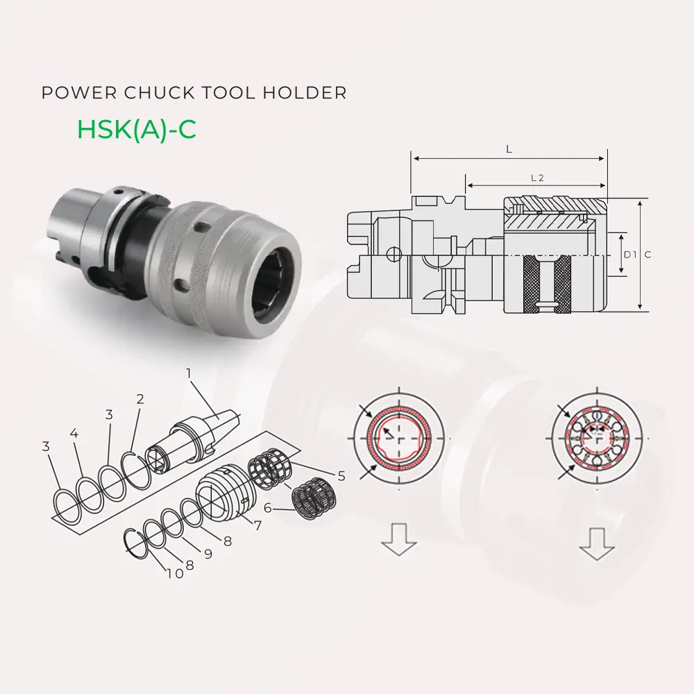 HSK(A)-C Power Chuck Tool Holder – 16-Slot Design, C20/25/32 Collet, Heavy Duty