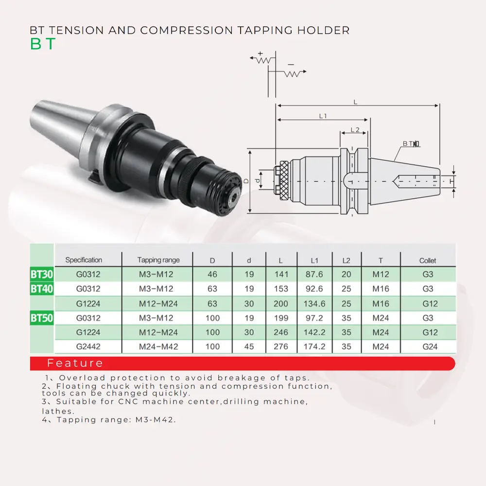 BT Tension Compression Tapping Technical Specifications - G3 G12 G24 Collets