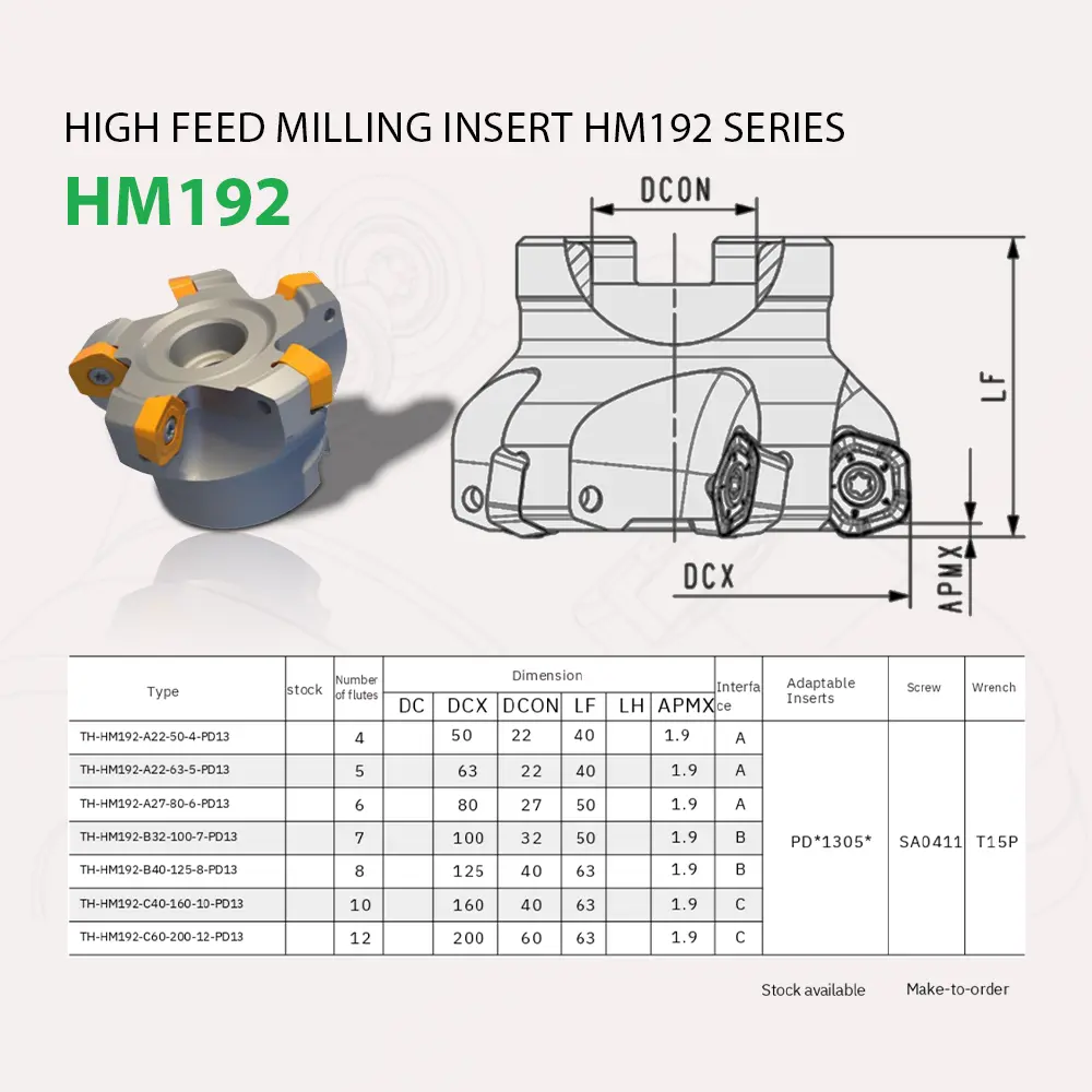 Bản vẽ kỹ thuật dao phay high feed HM192 và vị trí lắp mảnh PDMT1305